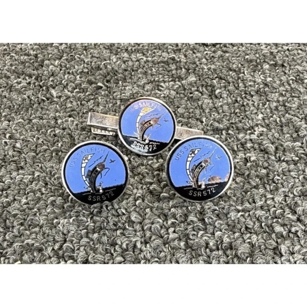 USS Sailfish SSR-572 Enameled Cuff Links Vintage US Navy Militaria Cold War Subs